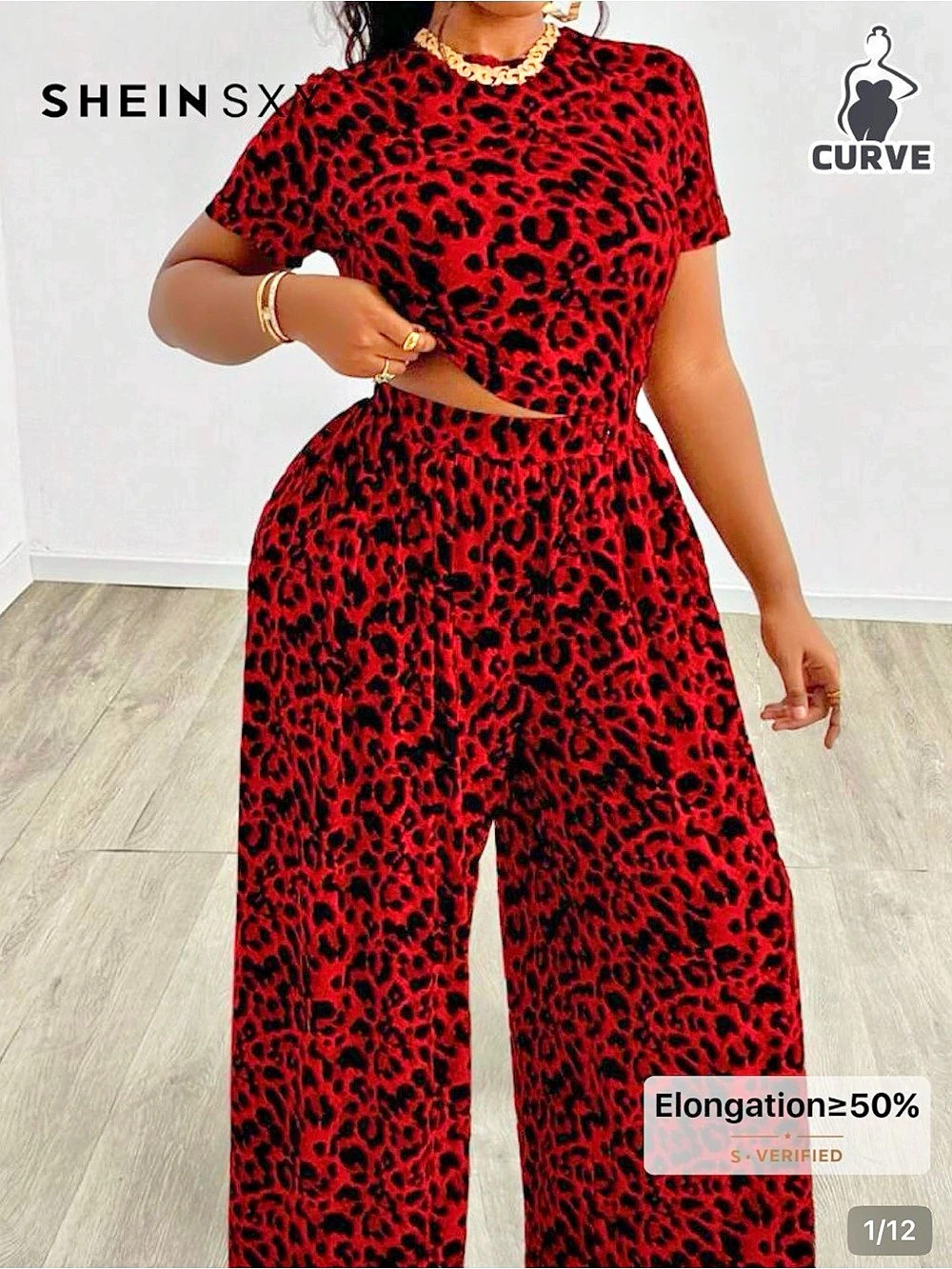 SHEIN Leopard Print Wide Leg Jumpsuit in Red & Black